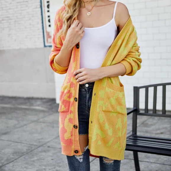 Yellow Leopard Button Down Cardigan - Picture 4 of 9
